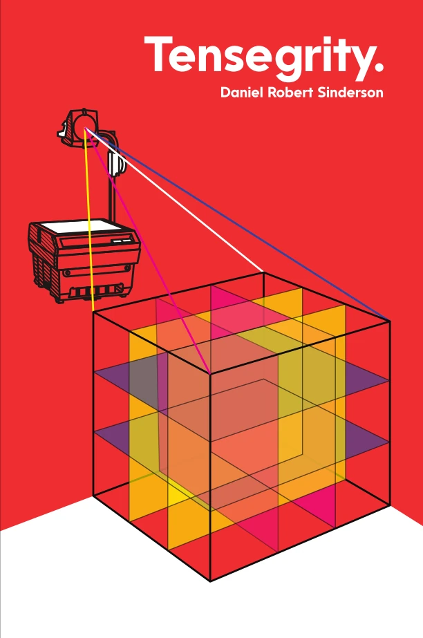 Cover for Tensegrity, an overhead projector projecting a multicolored holograph of a cube on a red-orange background